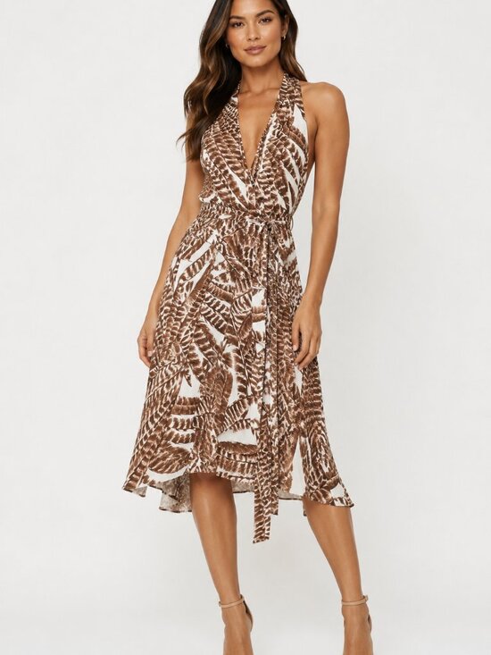 Lauren Ralph Lauren Dresses & Skirts - Lauren Ralph Lauren Feather Print Halter Dress Size 6 NWT Brown Ivory Wrap Tie W